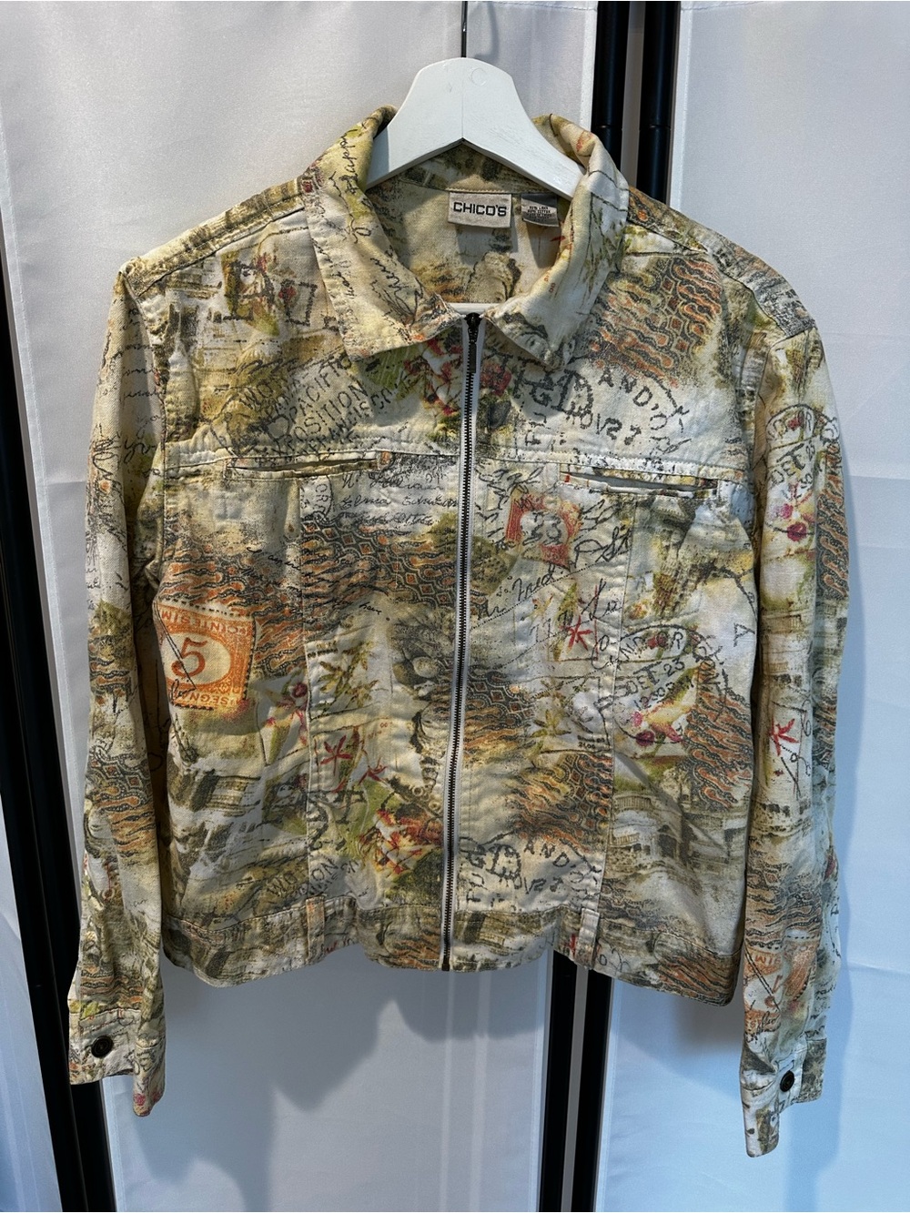 Chico's Beige Multi-Print Zip Front Jean Jacket
